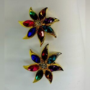 Vintage Gold-tone Multi Colored Rhinestone Clip-On Earrings